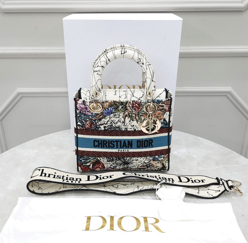 [럭스유] 디올 자수 레이디 디라이트 백 미디엄 라떼 멀티