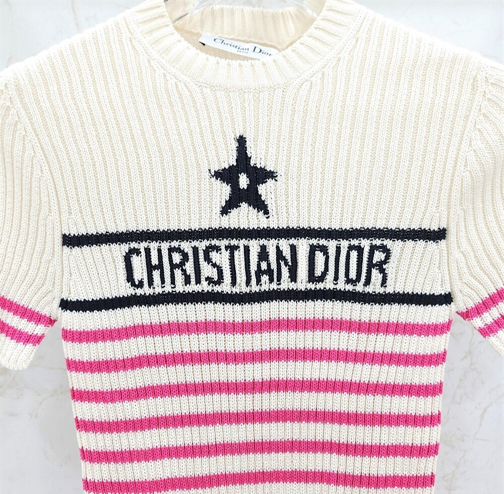 [럭스유] (새상품) 36 / 디올 리비에라 스트라이프 반소매 니트 핑크 244S15PO730
