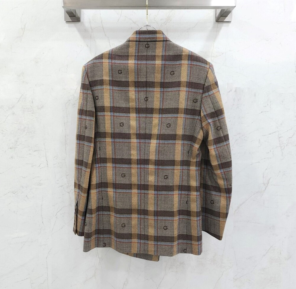 [럭스유] (새상품) 46 / 구찌 GG 자수패턴 브라운 체크 더블 자켓