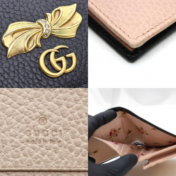 Gucci(구찌) 524289 블랙 카프스킨 금장 크리스탈 보우 GG 마몽 반지갑 카드 케이스