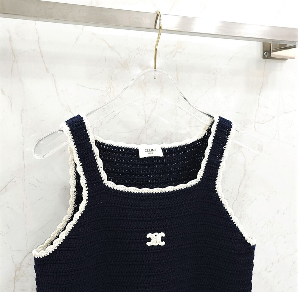 [럭스유] (새상품) M / 셀린느 코튼 크로셰 나시 탑 네이비 RX0BN0S47