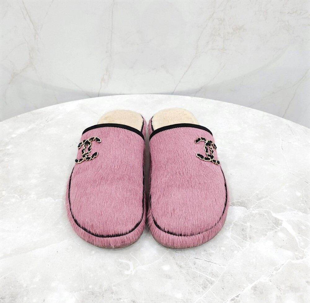 [럭스유] 36 / 샤넬 CC로고 시어링 스웨이드 뮬 핑크 G38648