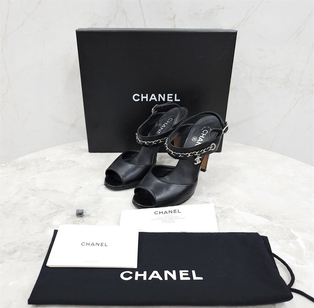[럭스유] 38.5 / 샤넬 CC로고 레더 체인 스트랩 힐