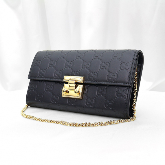 Gucci(구찌) 453506 블랙 시마 레더 패들락 컨티넨탈 금장 체인 클러치 숄더백 장지갑