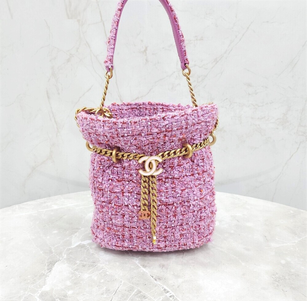 샤넬 CC로고 시즌 트위드 버킷백 핑크 AS3116