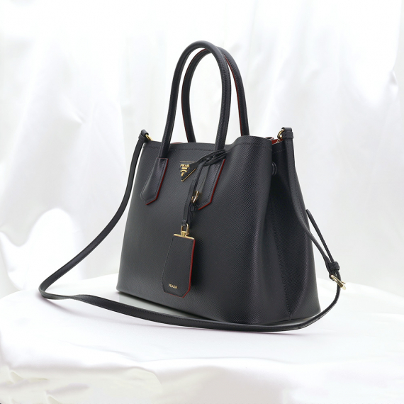 Prada(프라다) 1BG887 블랙 사피아노 퀴르 금장 트라이앵글 로고 두블레 스몰 2WAY