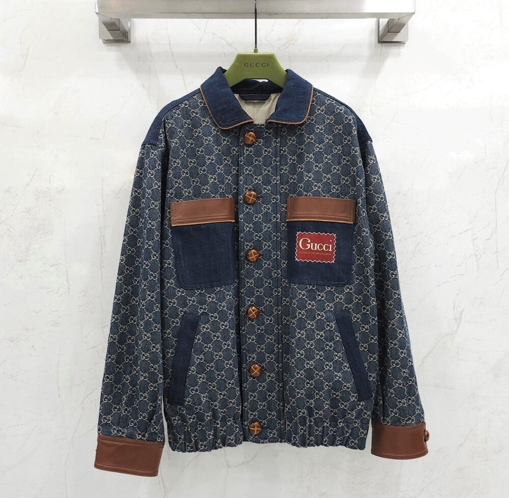 [럭스유] 44 / 구찌 워시드 오가닉 데님 브라운 레더 트리밍 자켓 644963