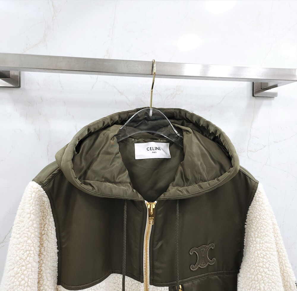 [럭스유] (새상품) 34 / 셀린느 플리스 퍼 이펙트 캐시미어 자켓 카키 RV0EU536S