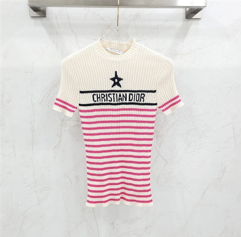 [럭스유] (새상품) 36 / 디올 리비에라 스트라이프 반소매 니트 핑크 244S15PO730