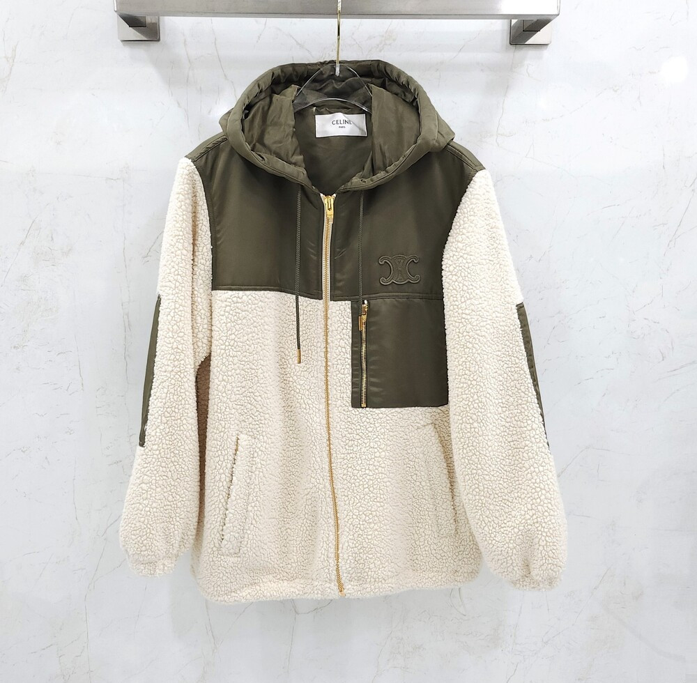 [럭스유] (새상품) 34 / 셀린느 플리스 퍼 이펙트 캐시미어 자켓 카키 RV0EU536S