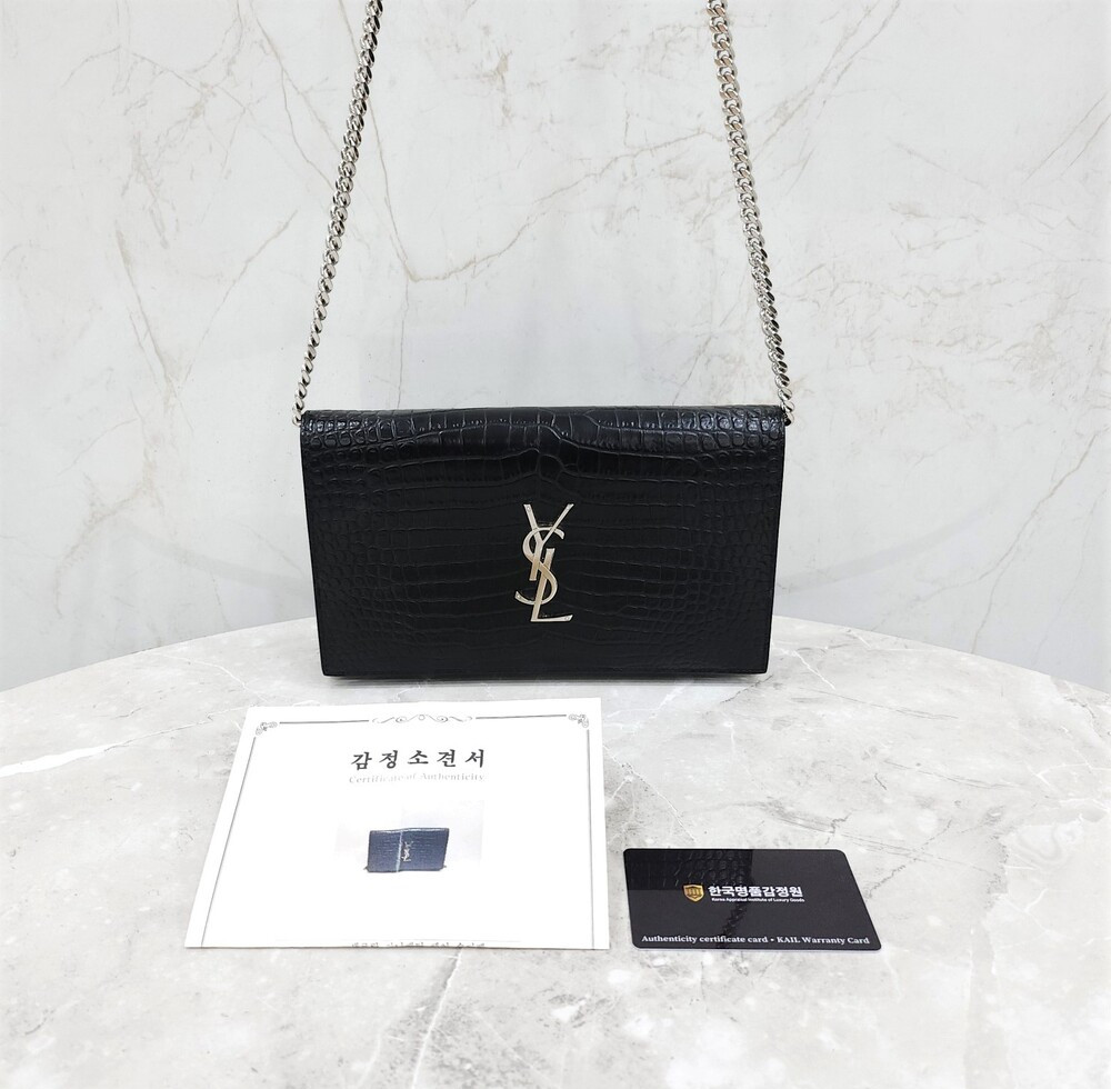 [럭스유] 생로랑 블랙 크로커다일 케이트 은장 체인 숄더백 377829