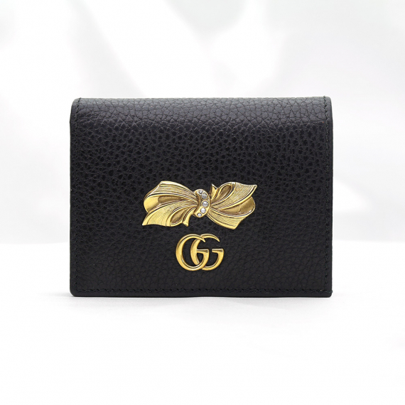 Gucci(구찌) 524289 블랙 카프스킨 금장 크리스탈 보우 GG 마몽 반지갑 카드 케이스