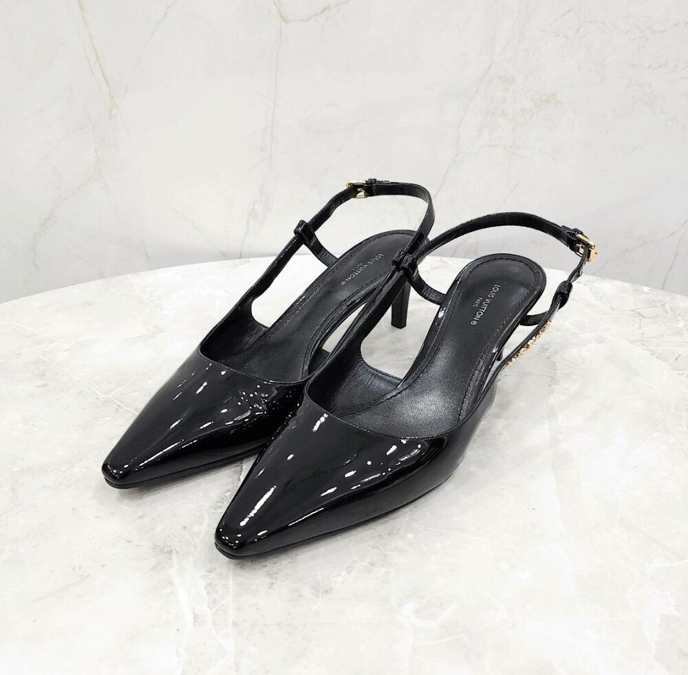 [럭스유] 38.5 / 루이비통 블랙 에나멜 로고 슬링백 힐