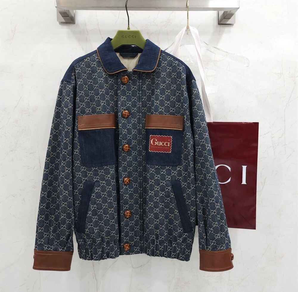 [럭스유] 44 / 구찌 워시드 오가닉 데님 브라운 레더 트리밍 자켓 644963