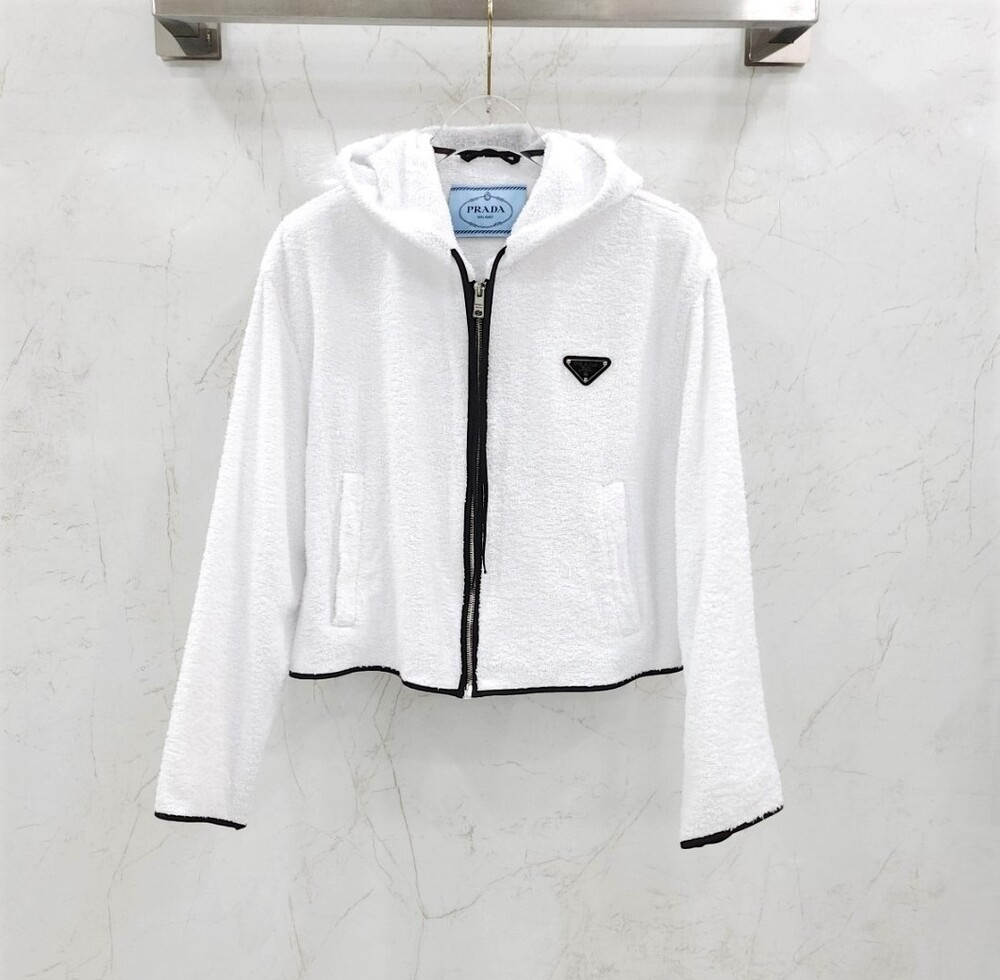 [럭스유] (새상품) 38 / 프라다 화이트 삼각로고 테리 후드 집업