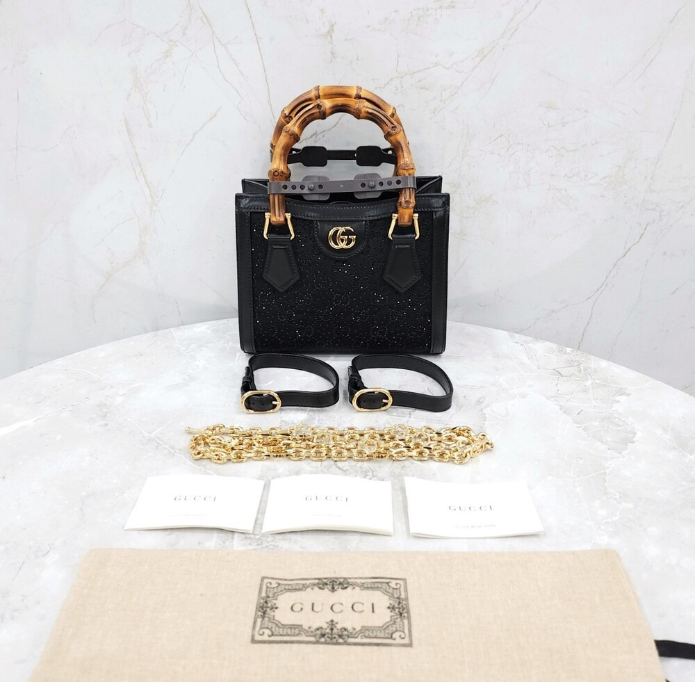 [럭스유] (새상품) 구찌 GG 블랙 크리스탈 다이애나 뱀부 토트백 미니 707449