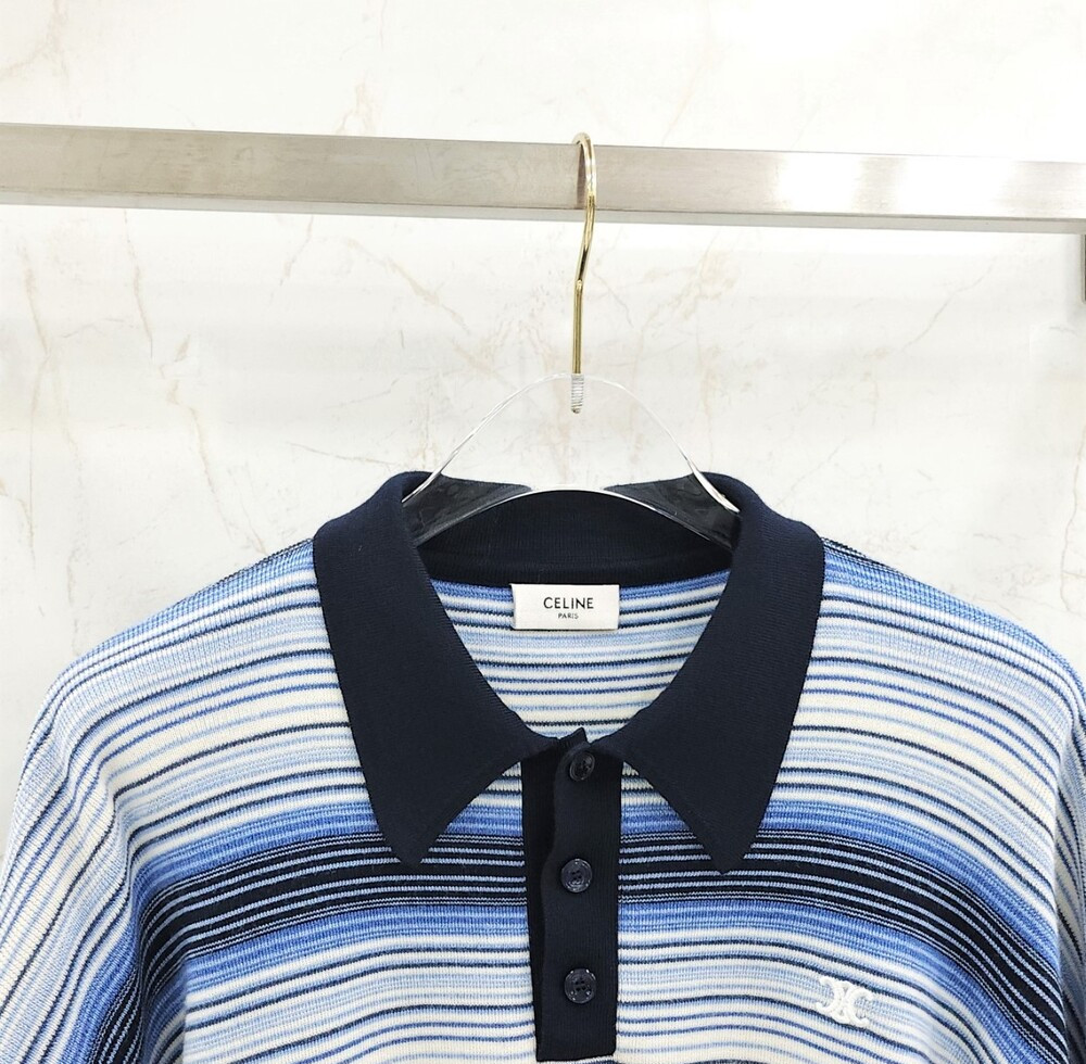 [럭스유] S / 셀린느 트리옹프 폴로 셔츠 스트라이프 울 라이트 블루 2AO9A099O