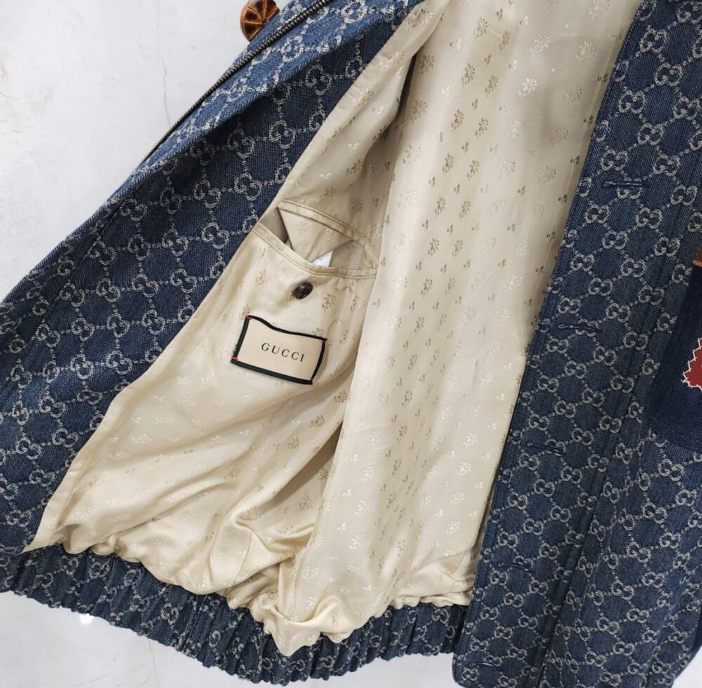 [럭스유] 44 / 구찌 워시드 오가닉 데님 브라운 레더 트리밍 자켓 644963