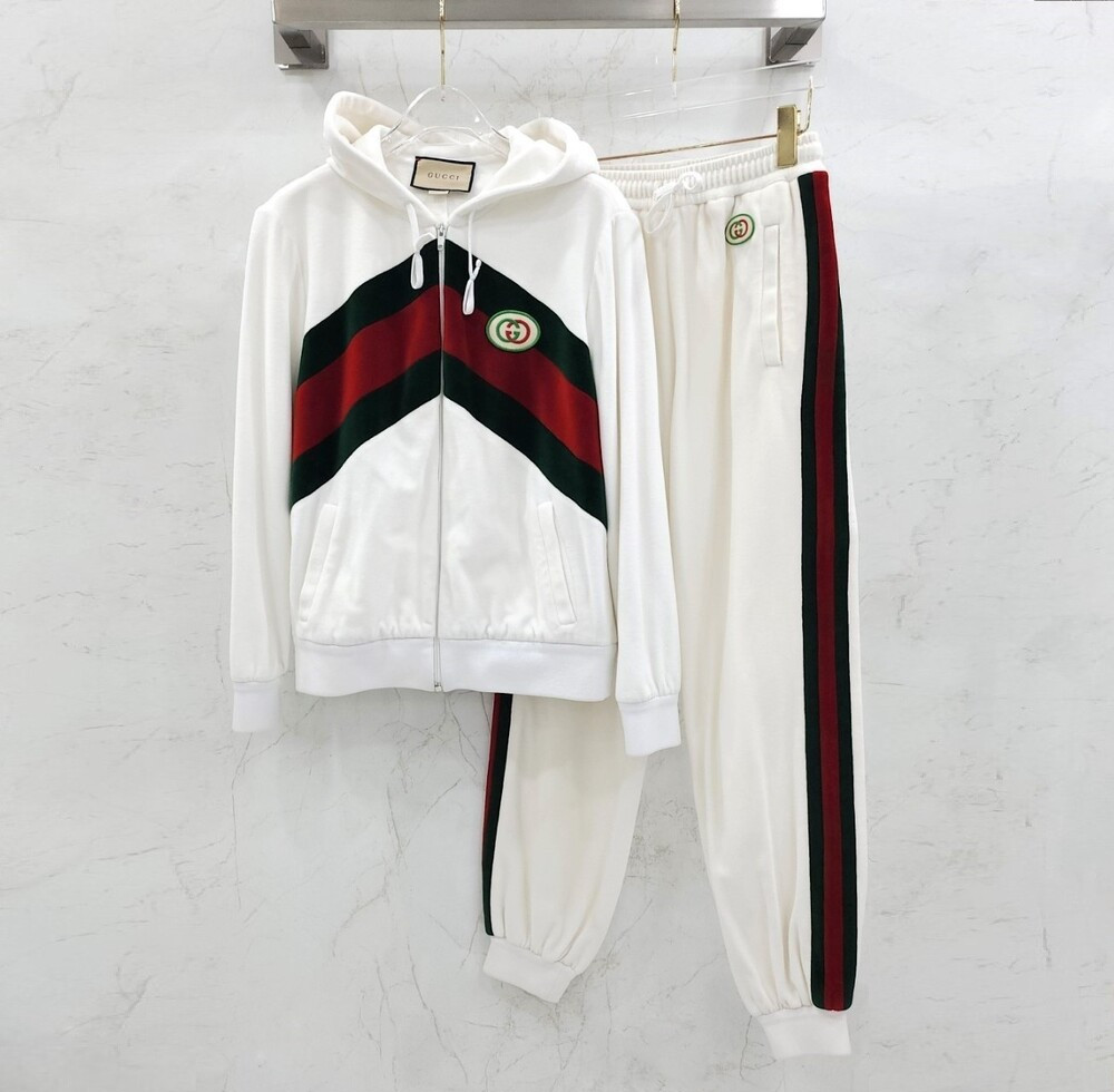 [럭스유] XS / 구찌 화이트 쉐브론 웹 코튼 트랙 삼선팬츠