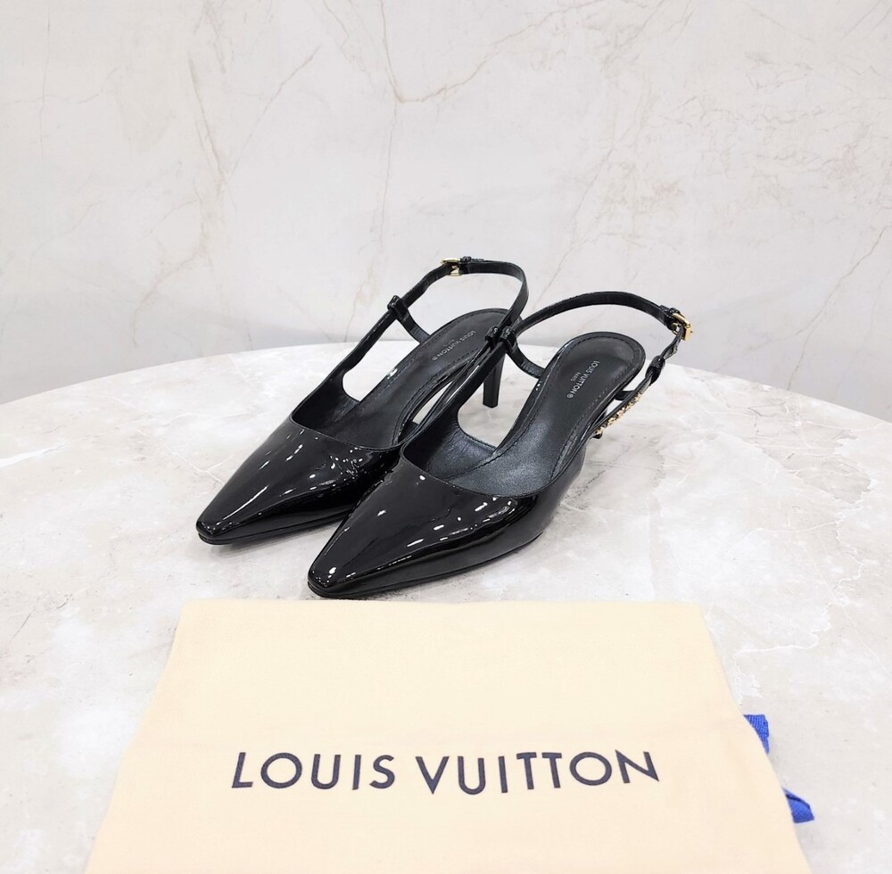 [럭스유] 38.5 / 루이비통 블랙 에나멜 로고 슬링백 힐