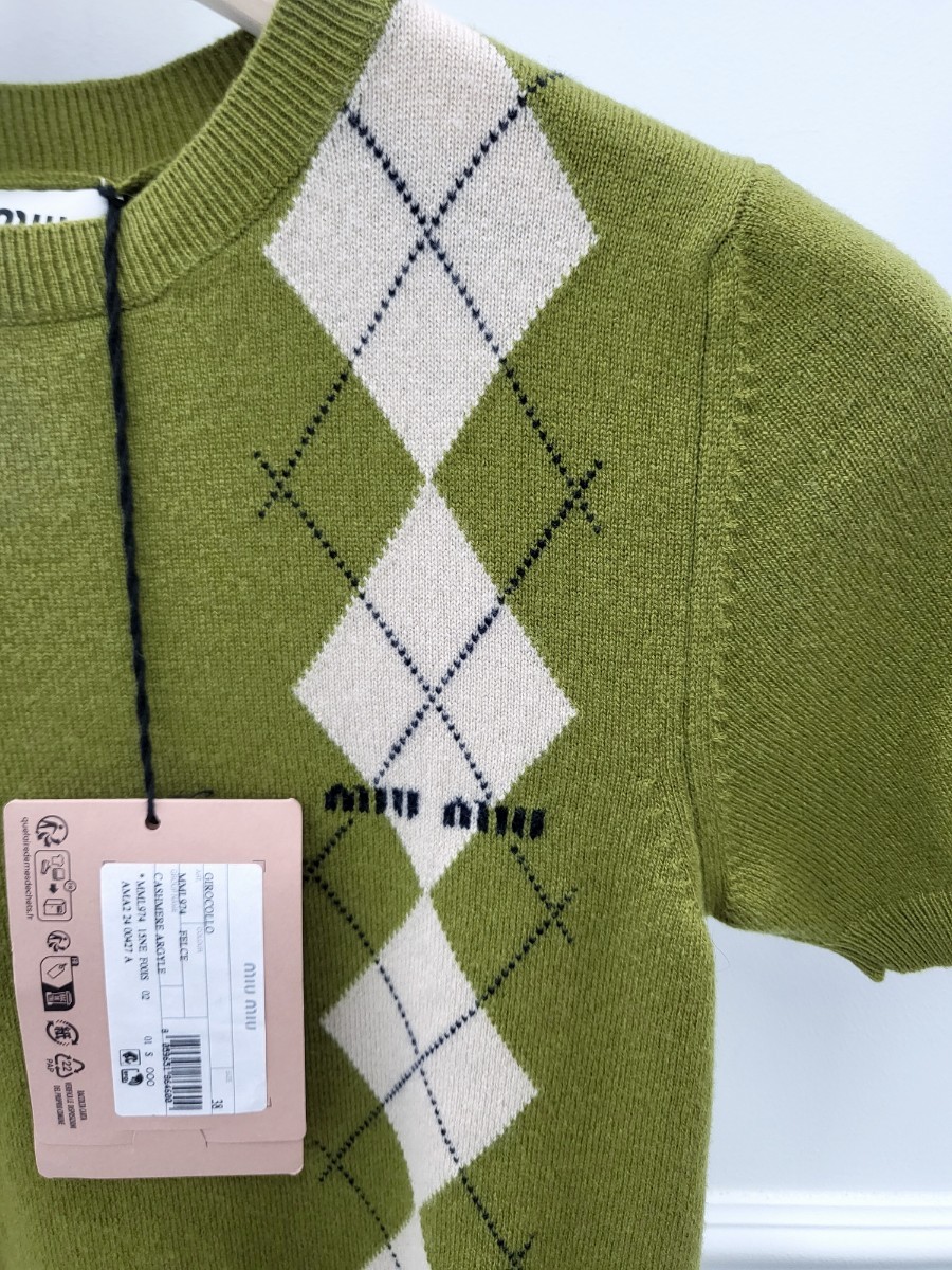 [미다스] 미우미우 아가일 체크 캐시미어 반팔 니트 MML974 38 새상품
