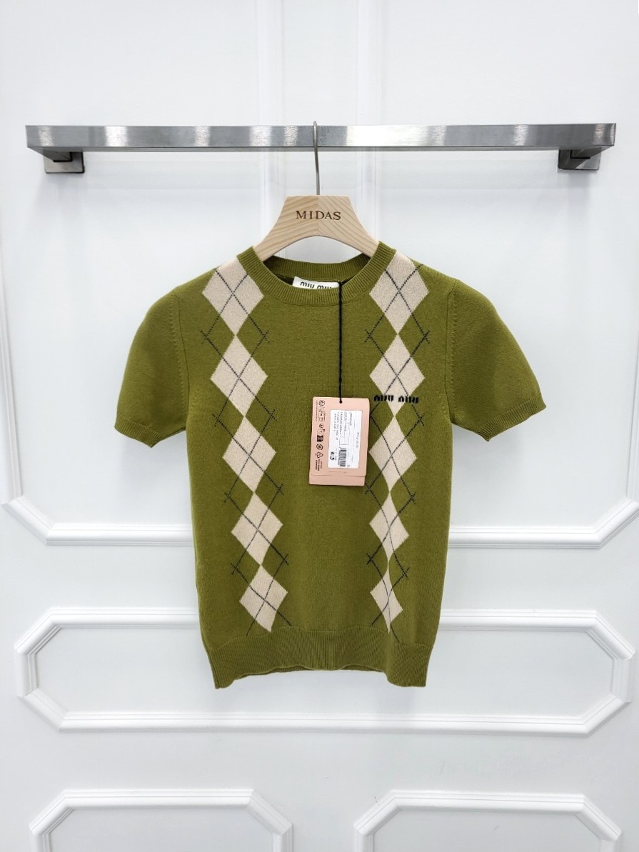 [미다스] 미우미우 아가일 체크 캐시미어 반팔 니트 MML974 38 새상품